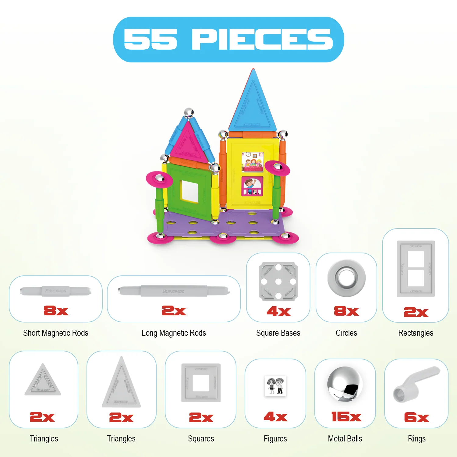Tinamiri Supermag - House 55 - Magnetic Building Set, Educational construction fun, 55 piece set, Magnet Toys, 0663 - Image 7