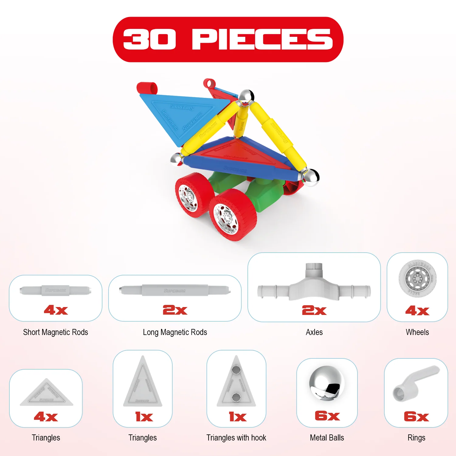 Tinamiri Supermag - Wheels 30 - Magnetic Building Set, Educational construction fun, 30 piece set, Magnet Toys, 0653 - Image 5