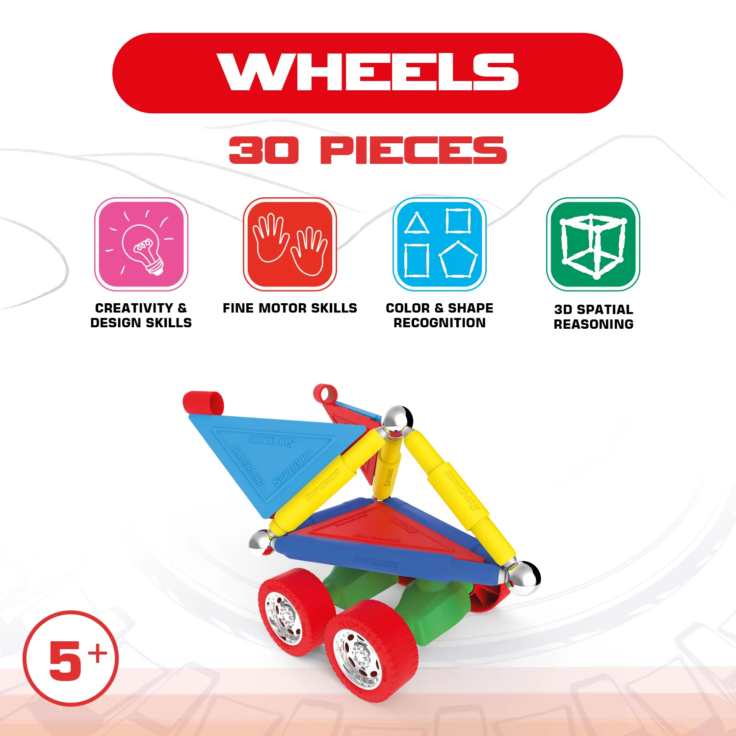 Tinamiri Supermag - Wheels 30 - Magnetic Building Set, Educational construction fun, 30 piece set, Magnet Toys, 0653 - Image 6