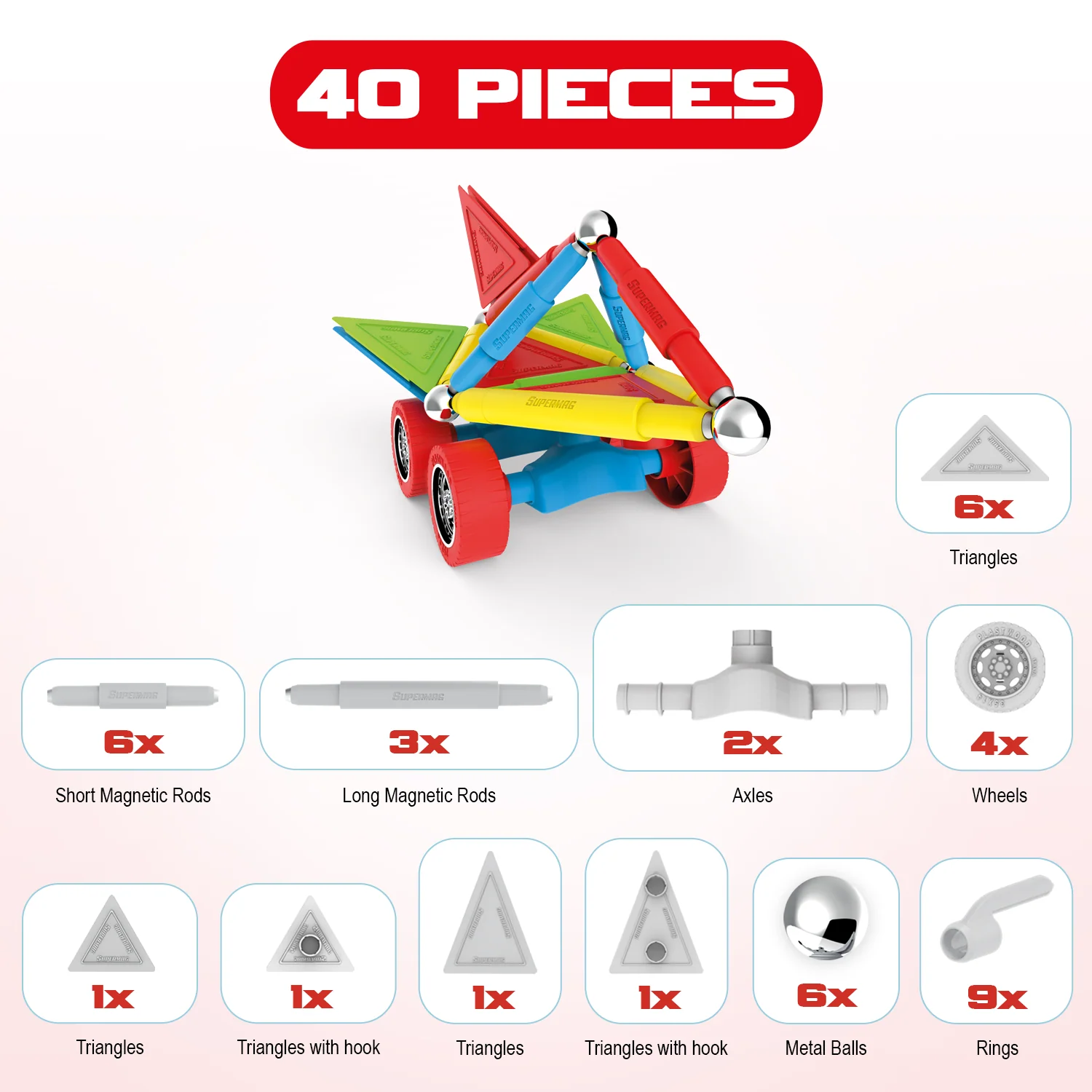 Tinamiri Supermag - Wheels 40 - Magnetic Building Set, Educational construction fun, 40 piece set, Magnet Toys, 0660 - Image 5