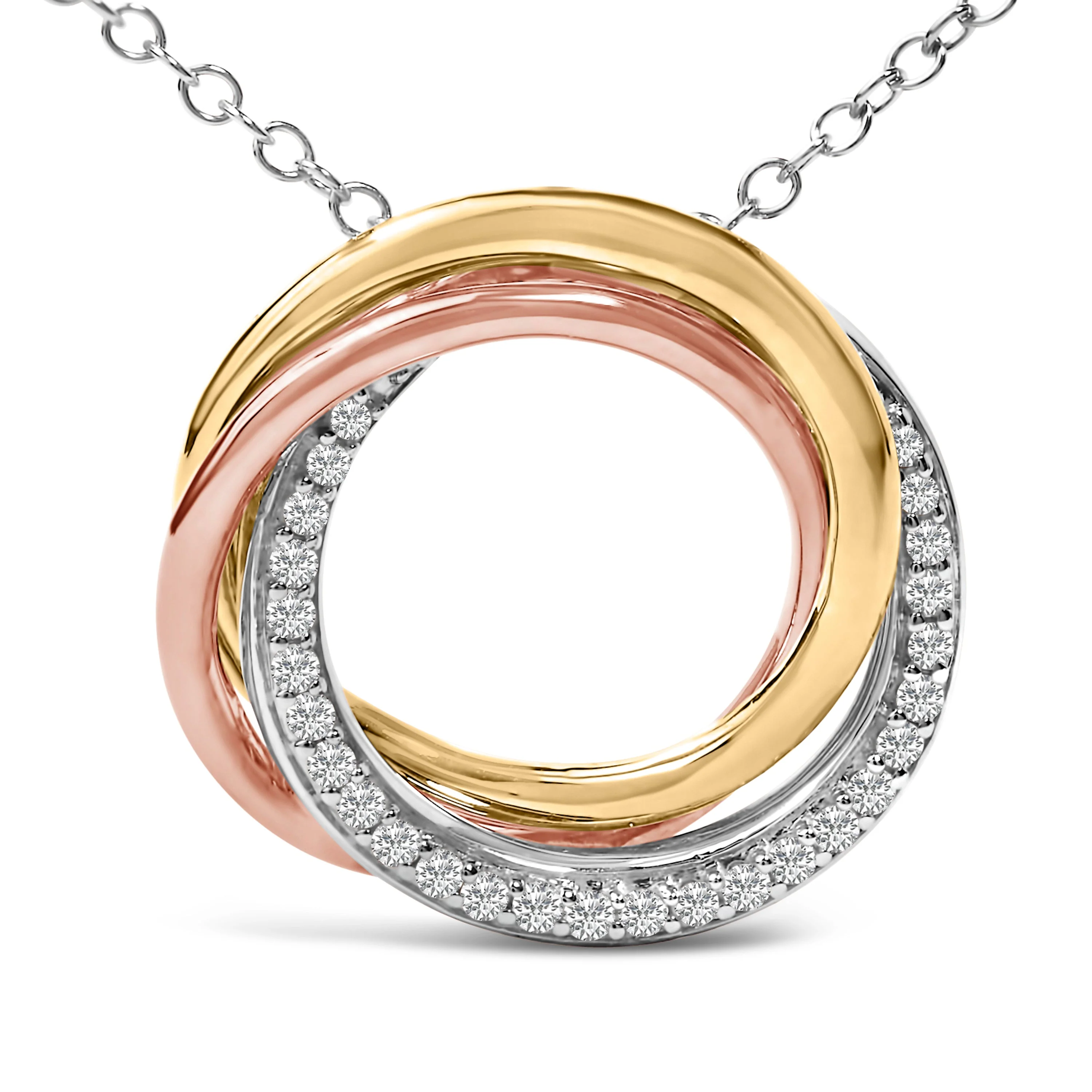 Tri Tone Sterling Silver 1/5 Cttw Diamond Interlocking Circle Pendant Necklace - Image 2