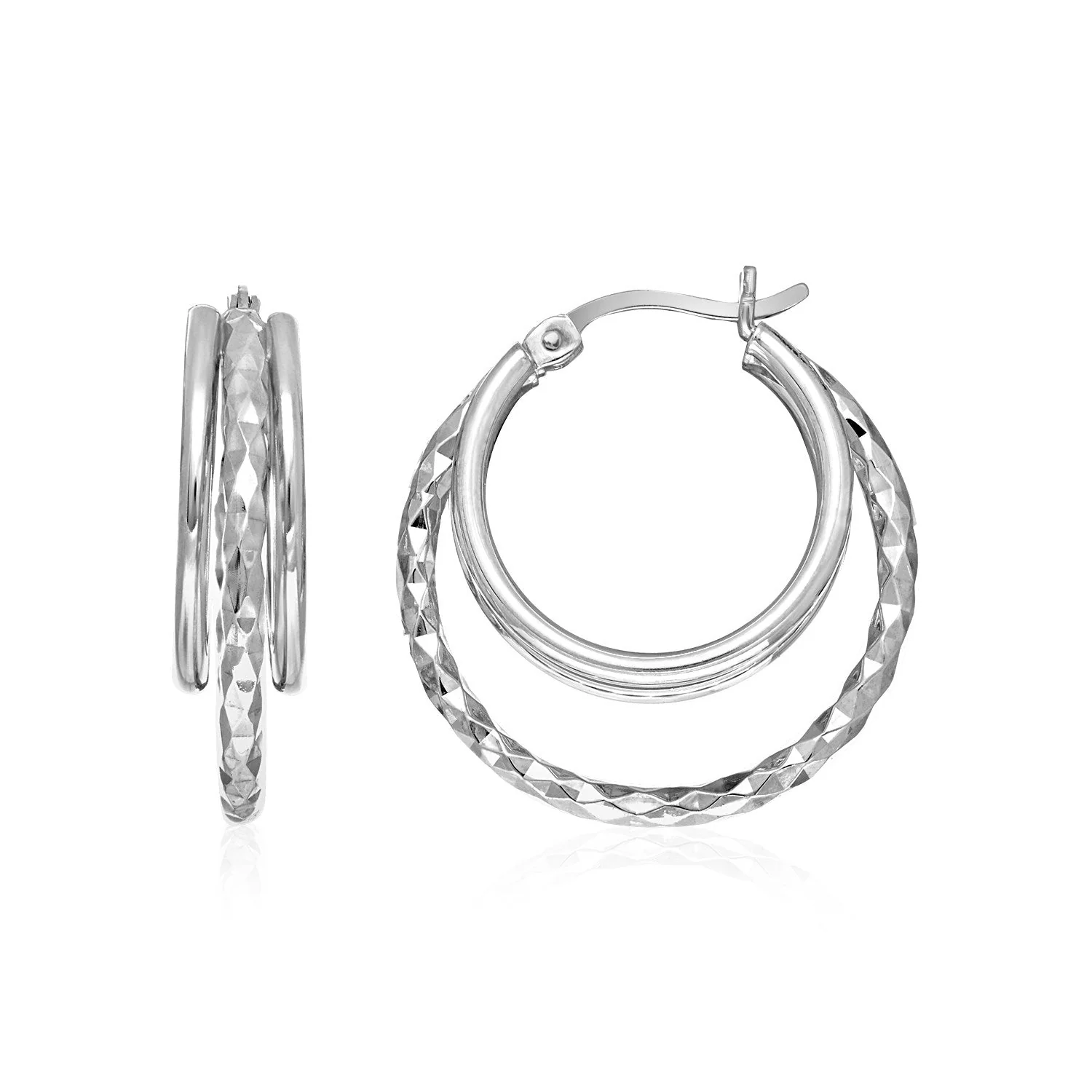 Two-Part Graduated Polished and Textured Hoop Earrings in Sterling Silver - Image 2