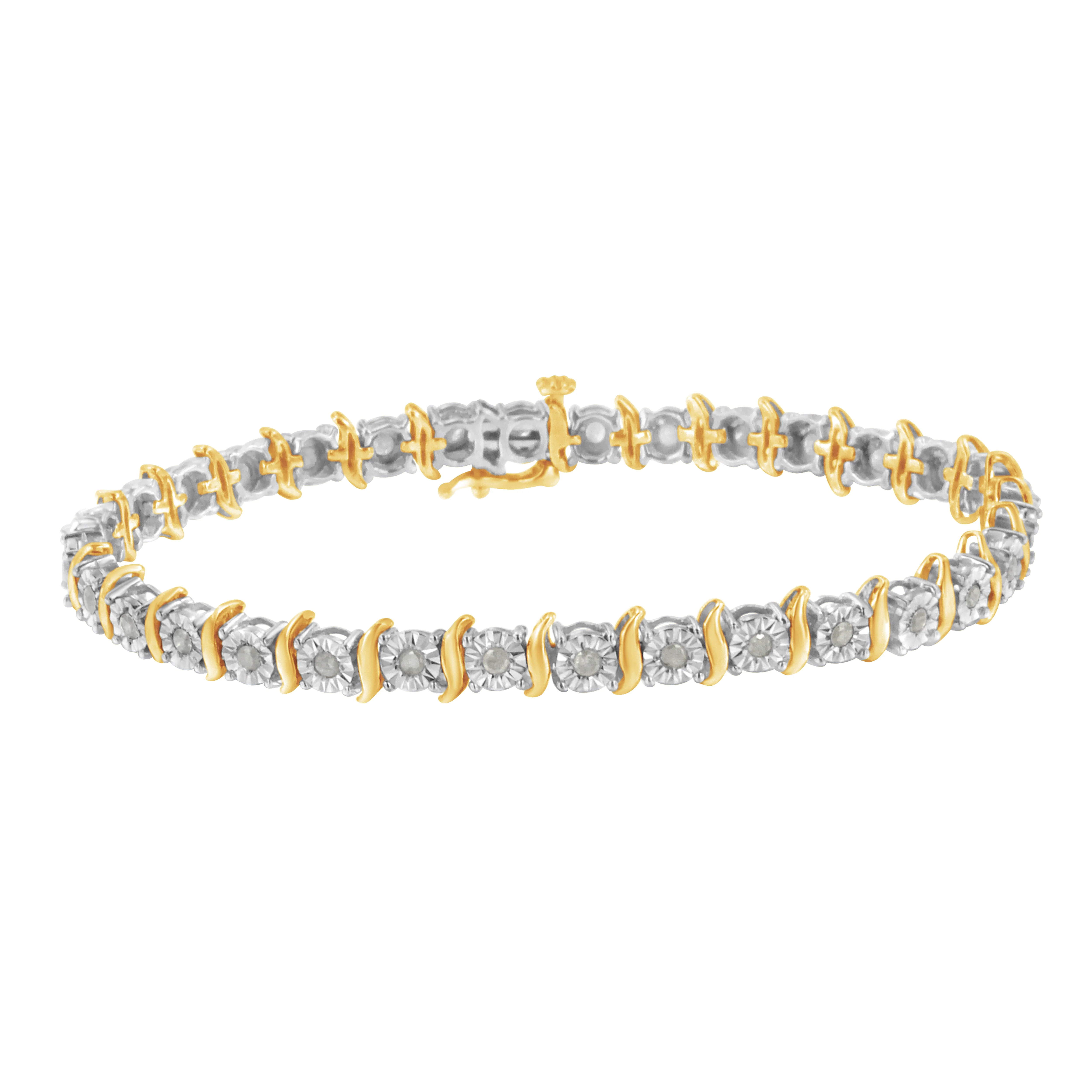 Two-Tone 10K Yellow Gold over .925 Sterling Silver 1.0 Cttw Diamond S-Curve Link Miracle-Set Tennis Bracelet (I-J Color, I3 Clarity) - 7" - Image 10