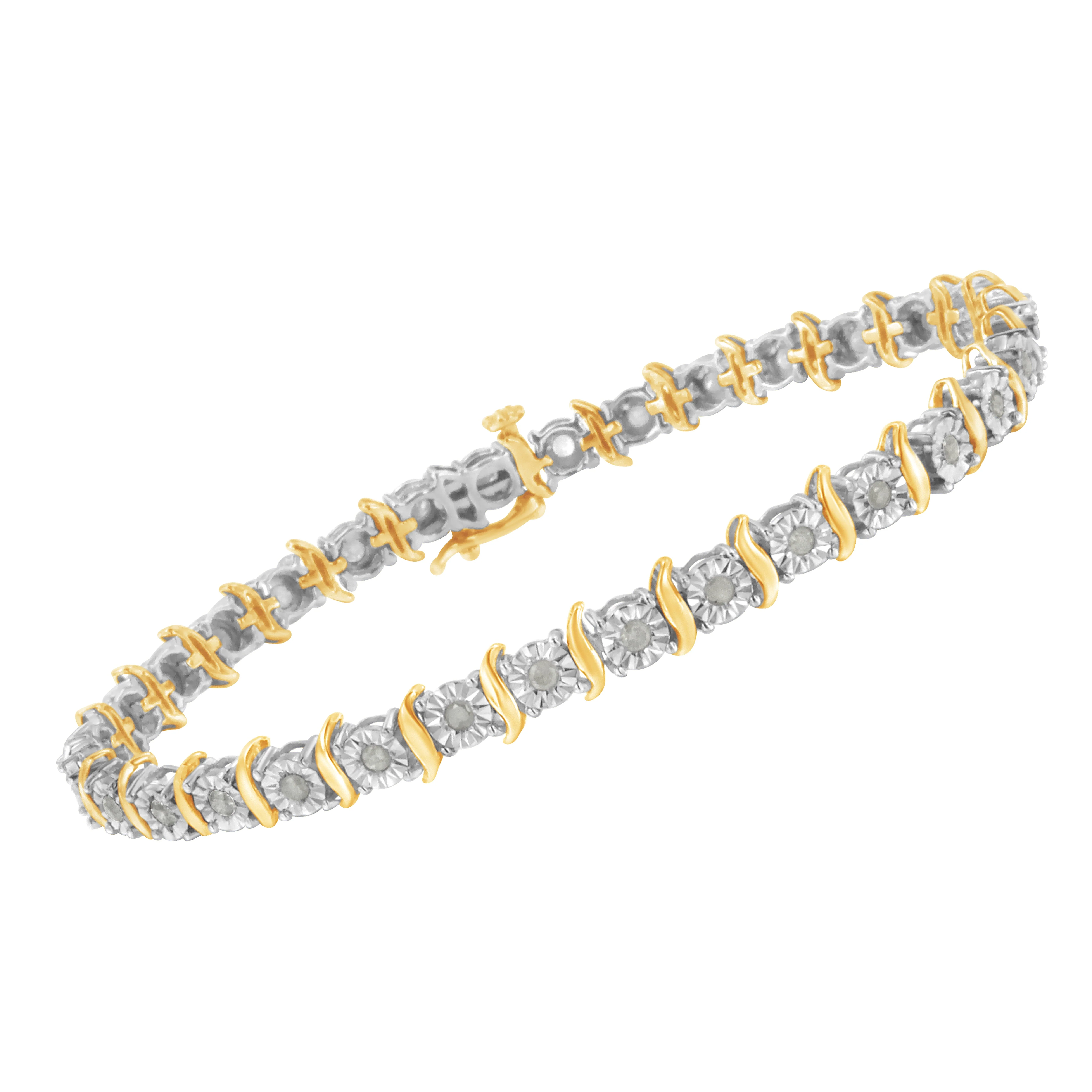 Two-Tone 10K Yellow Gold over .925 Sterling Silver 1.0 Cttw Diamond S-Curve Link Miracle-Set Tennis Bracelet (I-J Color, I3 Clarity) - 7" - Image 12