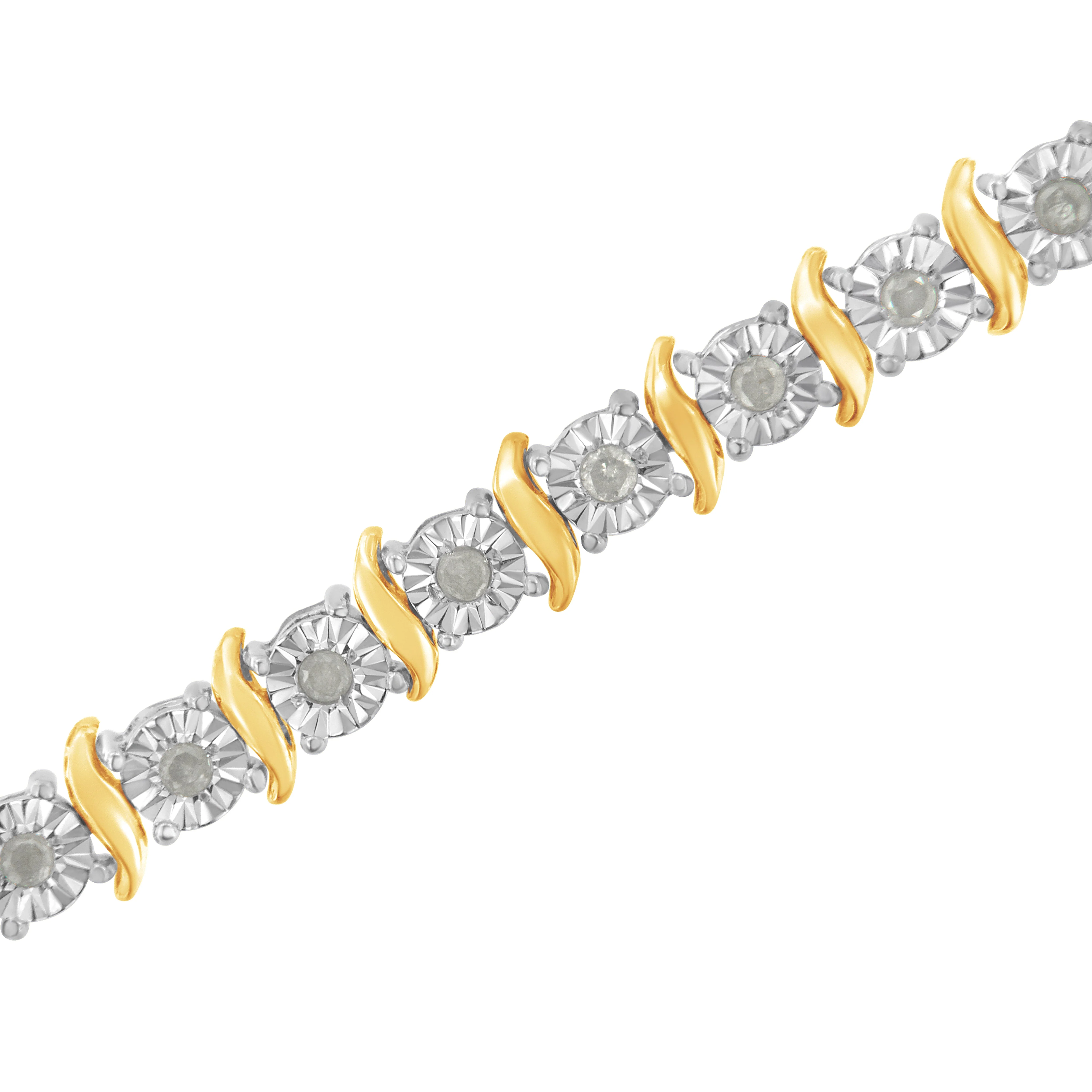 Two-Tone 10K Yellow Gold over .925 Sterling Silver 1.0 Cttw Diamond S-Curve Link Miracle-Set Tennis Bracelet (I-J Color, I3 Clarity) - 7" - Image 13