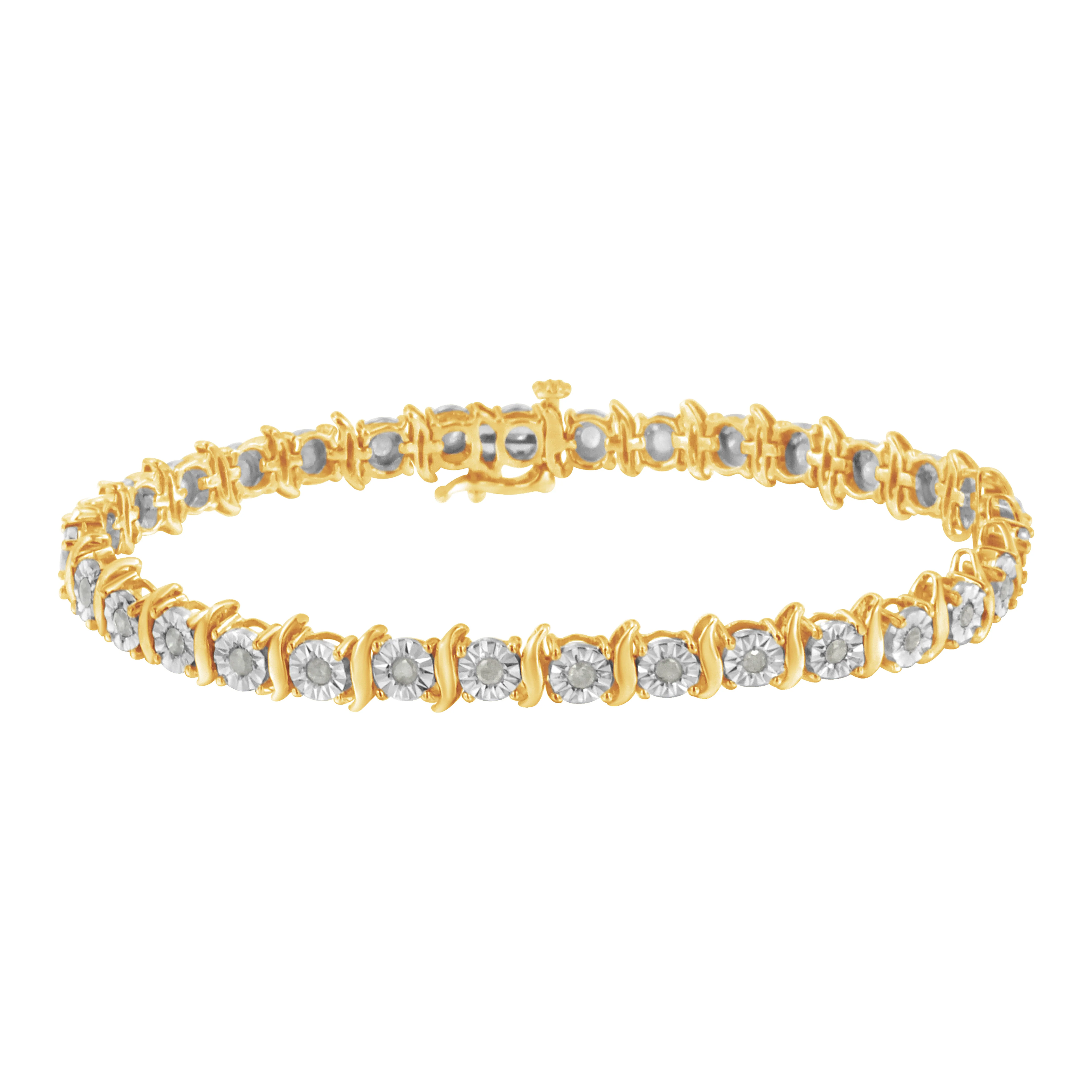Two-Tone 10K Yellow Gold over .925 Sterling Silver 1.0 Cttw Diamond S-Curve Link Miracle-Set Tennis Bracelet (I-J Color, I3 Clarity) - 7" - Image 16
