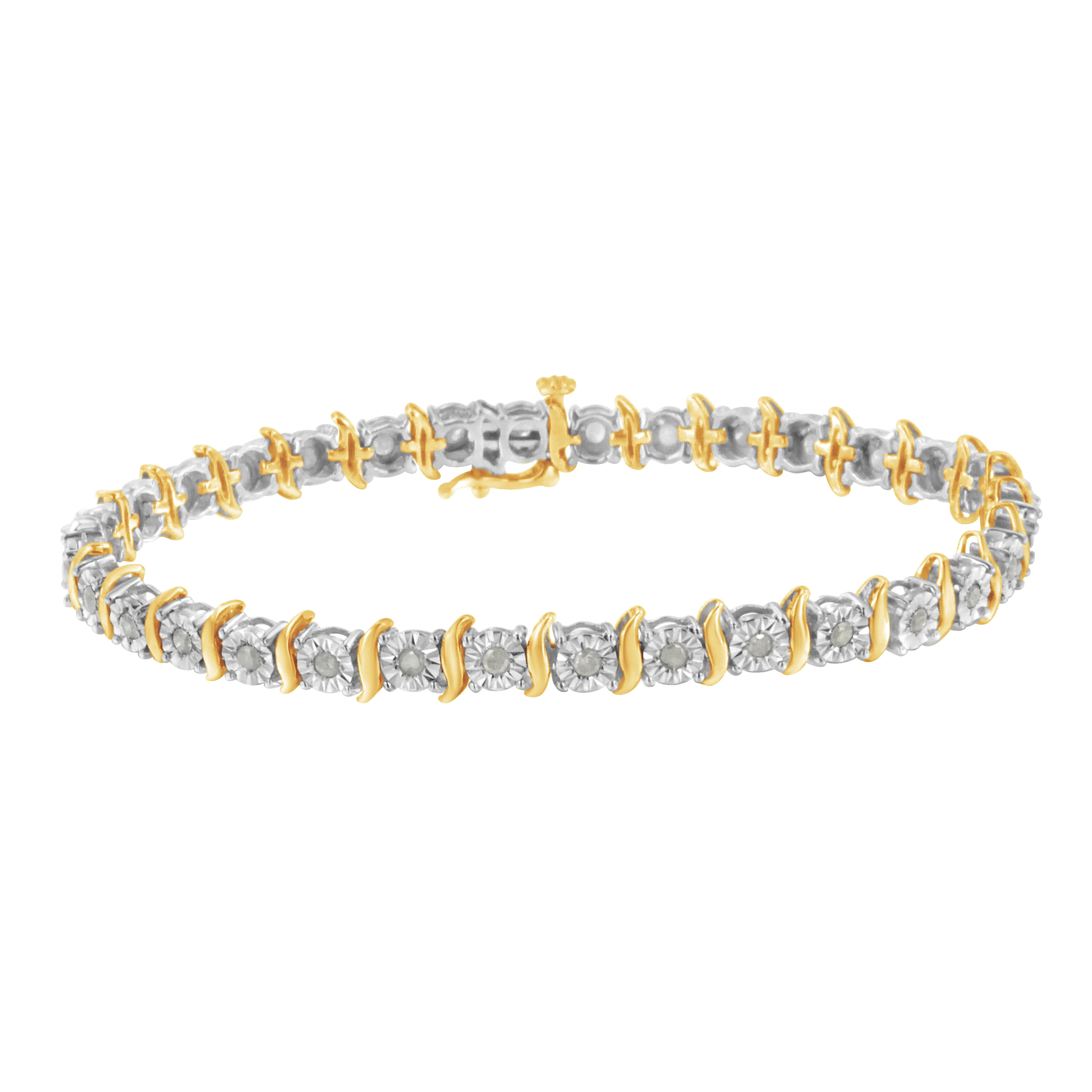 Two-Tone 10K Yellow Gold over .925 Sterling Silver 1.0 Cttw Diamond S-Curve Link Miracle-Set Tennis Bracelet (I-J Color, I3 Clarity) - 7" - Image 5