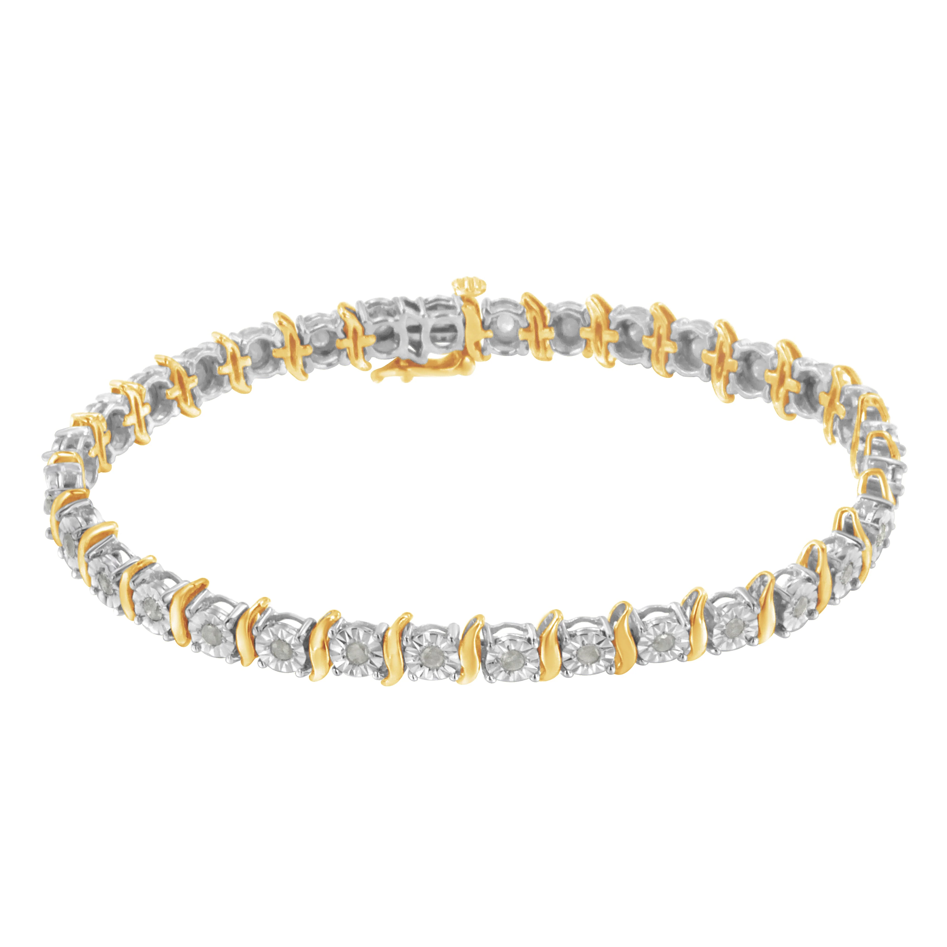 Two-Tone 10K Yellow Gold over .925 Sterling Silver 1.0 Cttw Diamond S-Curve Link Miracle-Set Tennis Bracelet (I-J Color, I3 Clarity) - 7" - Image 6
