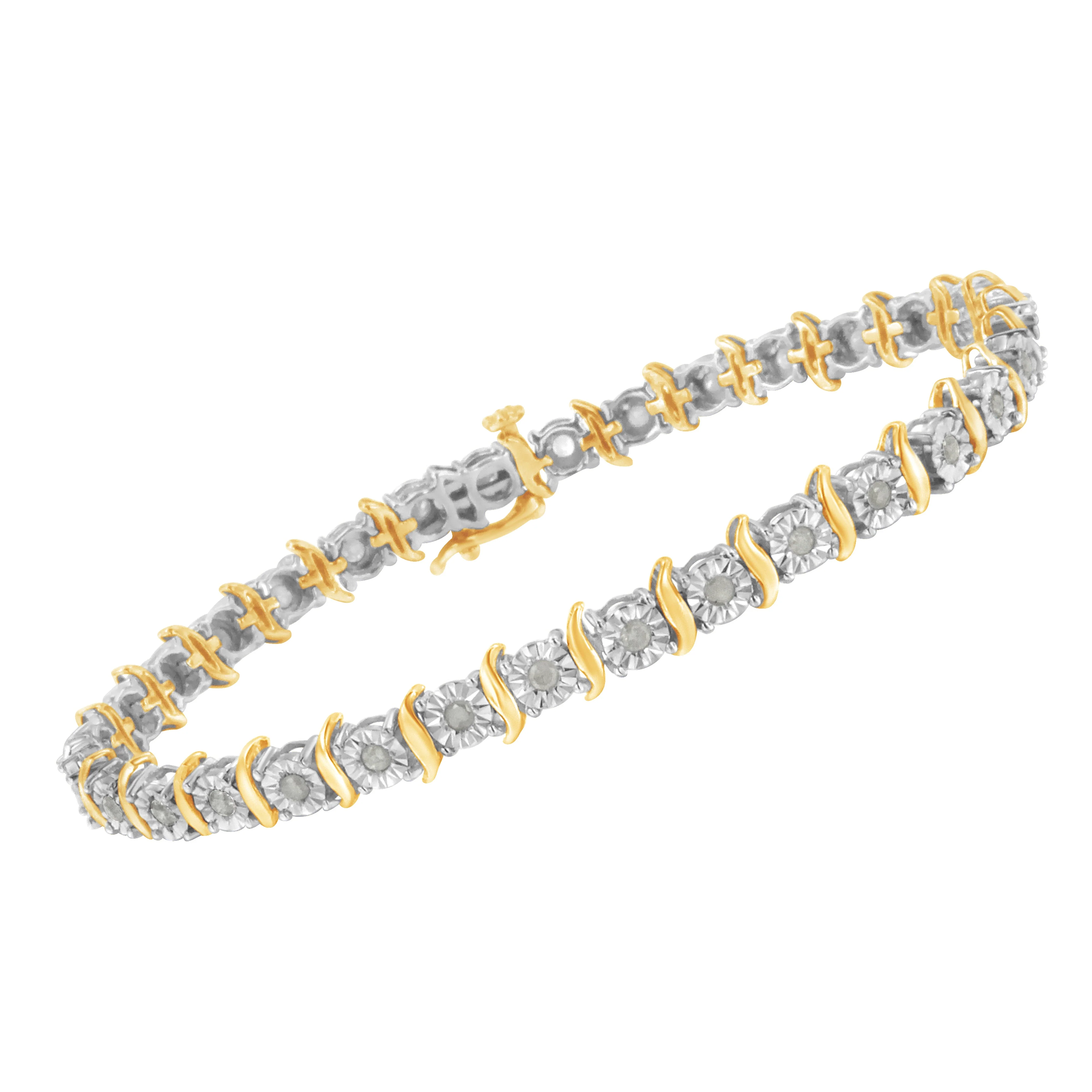Two-Tone 10K Yellow Gold over .925 Sterling Silver 1.0 Cttw Diamond S-Curve Link Miracle-Set Tennis Bracelet (I-J Color, I3 Clarity) - 7" - Image 7