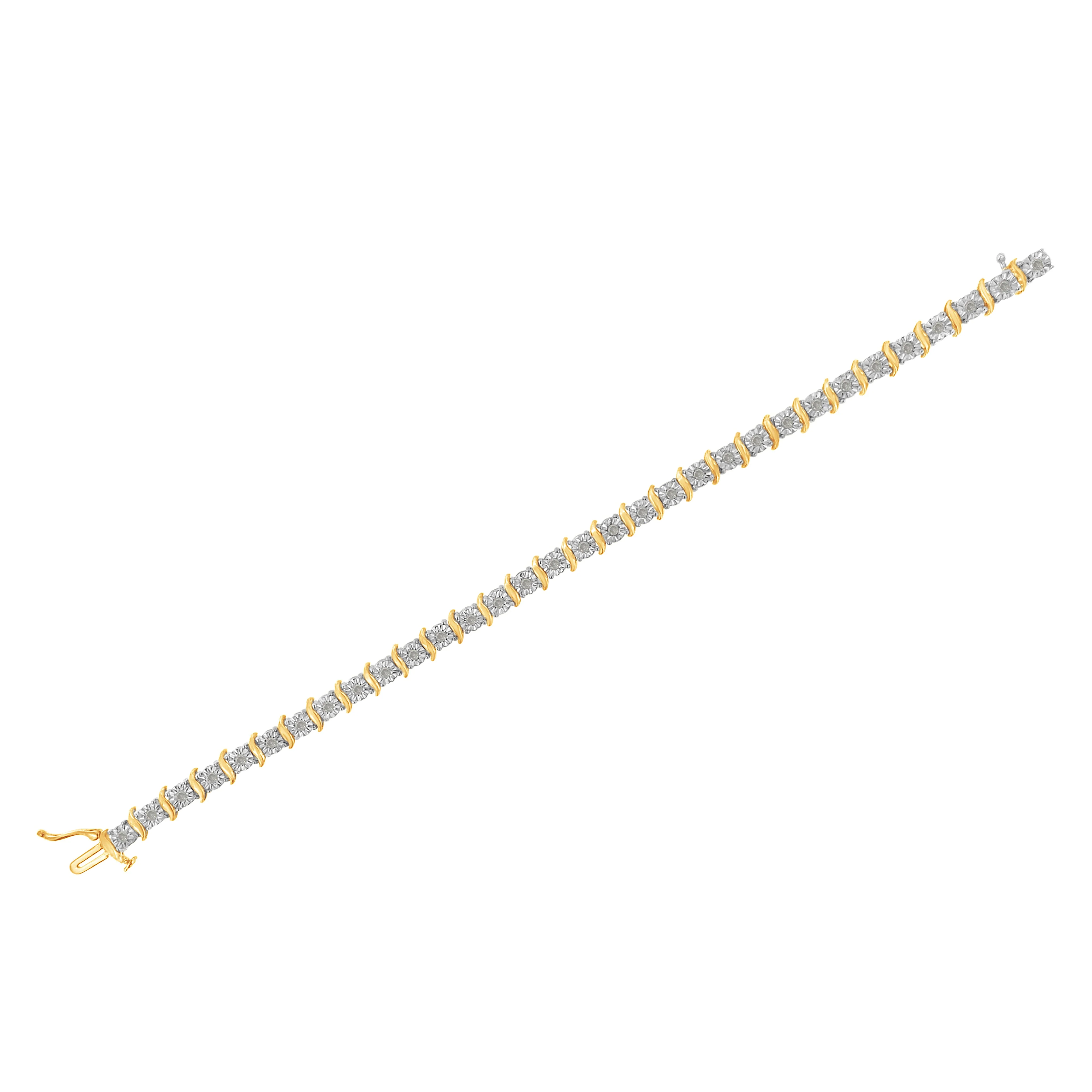 Two-Tone 10K Yellow Gold over .925 Sterling Silver 1.0 Cttw Diamond S-Curve Link Miracle-Set Tennis Bracelet (I-J Color, I3 Clarity) - 7" - Image 9