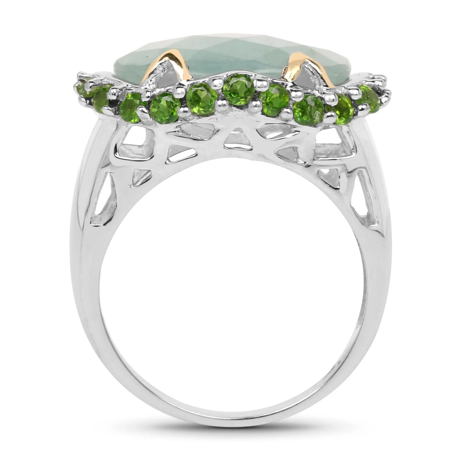 Two Tone Plated 9.12 Carat Genuine Milky Aquamarine and Chrome Diopside .925 Sterling Silver Ring - Image 2