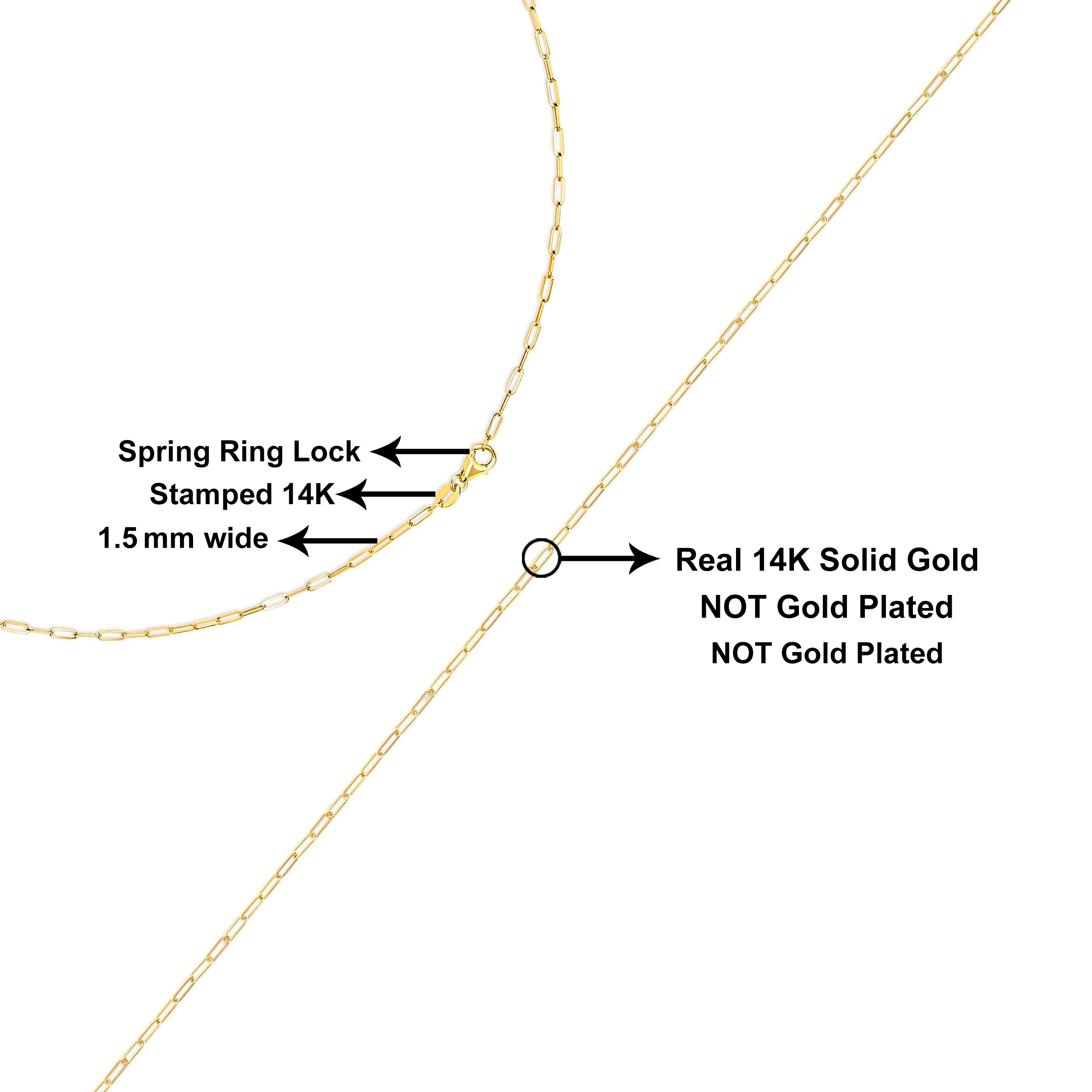 Unisex Solid 14K Yellow Gold 1.5mm Paperclip Chain Necklace - 18 Inches - Image 6