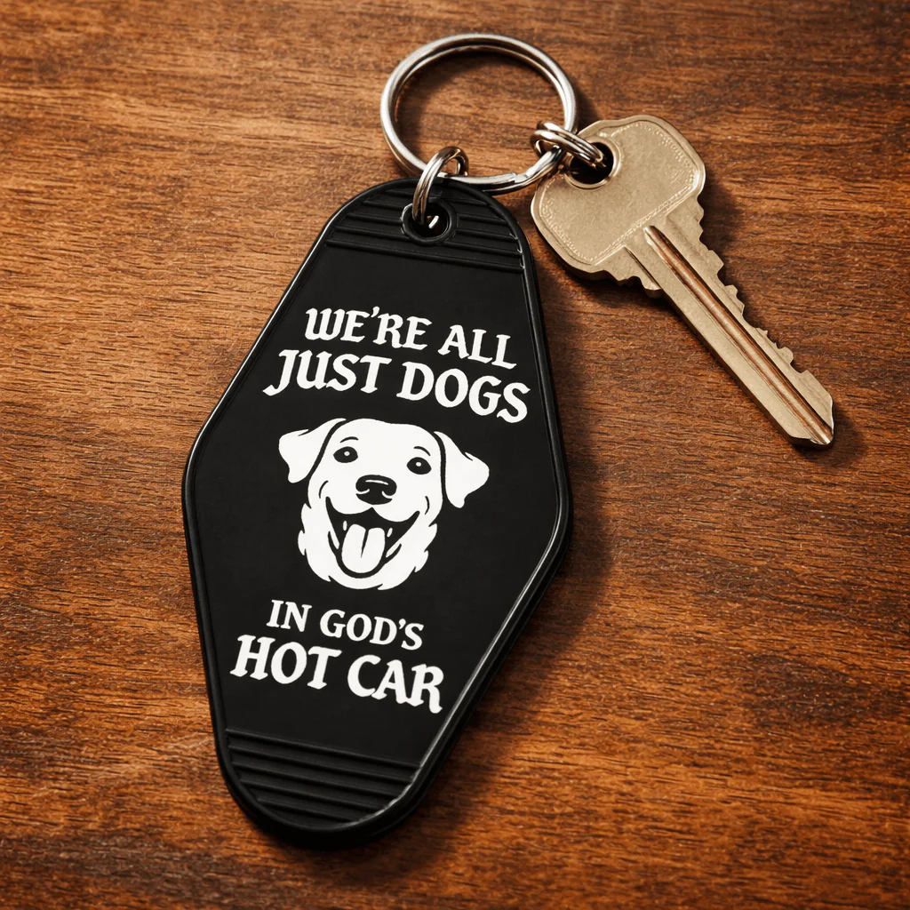 We're All Just Dogs In Gods Hot Car Room Keychain - Image 2