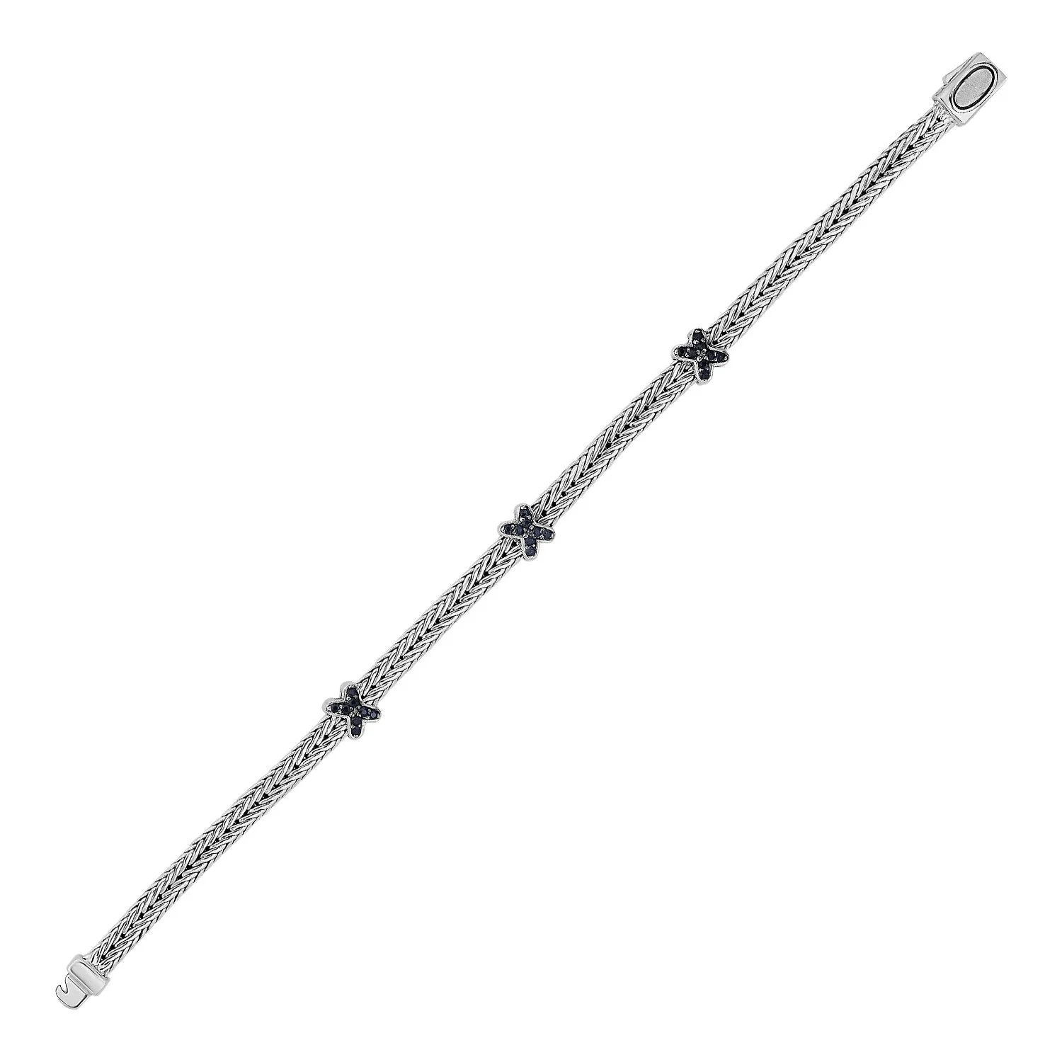 Woven Rope Bracelet with Black Sapphire X Accents in Sterling Silver - Image 4