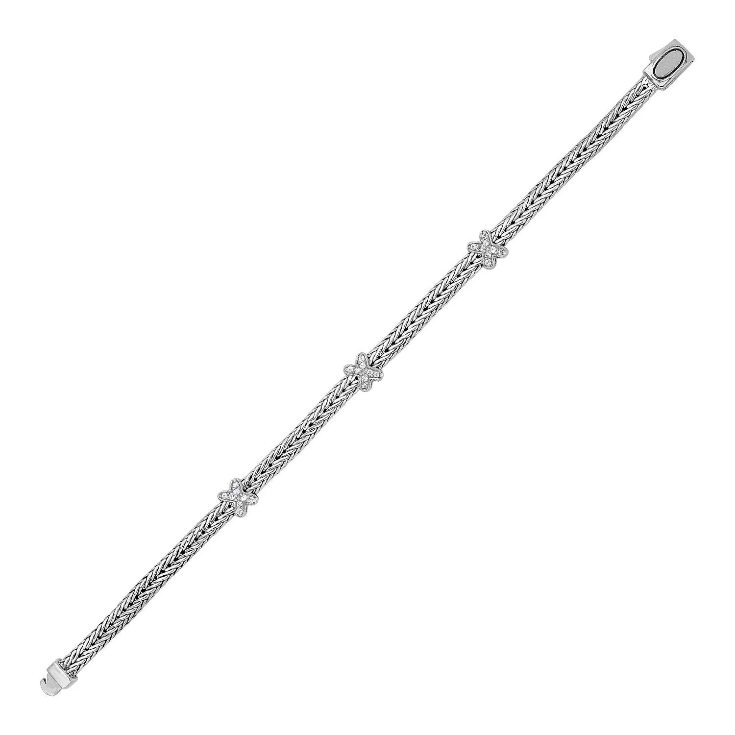 Woven Rope Bracelet with White Sapphire X Accents in Sterling Silver - Image 2